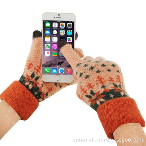 Fashionable Warm Leaves Pattern 2 Finger Capacitive Winter Touch Gloves for Women